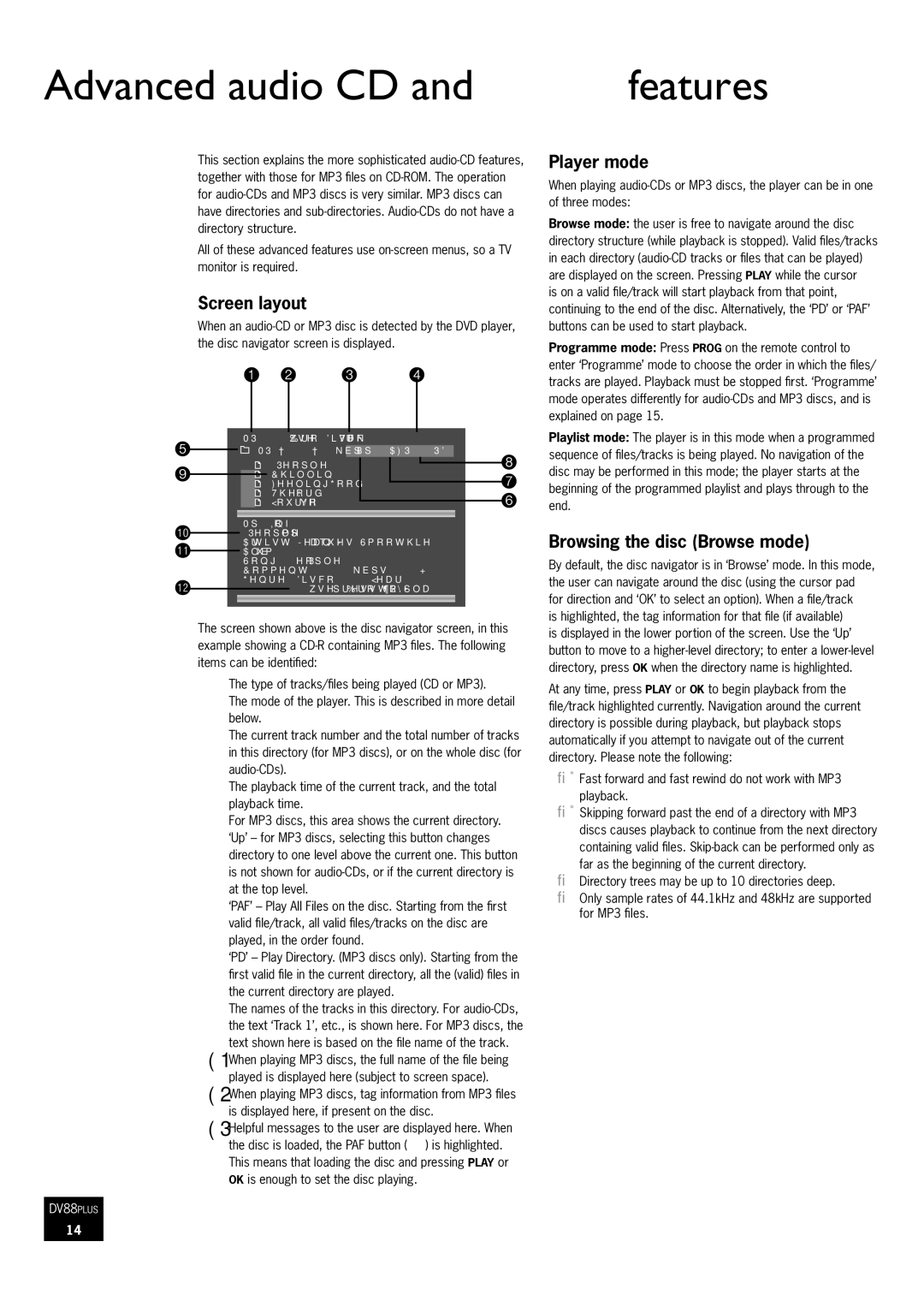 Arcam DV88 manual Advanced audio CD and MP3 features, Screen layout, Player mode, Browsing the disc Browse mode 