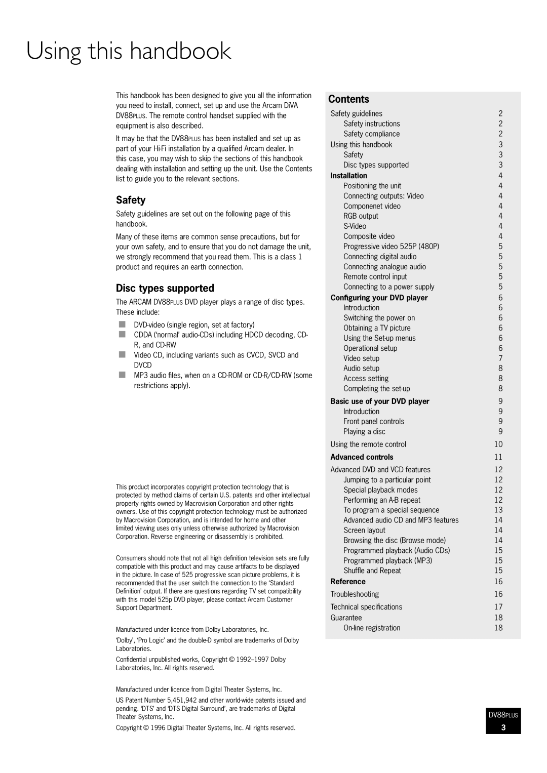 Arcam DV88 manual Using this handbook, Safety, Disc types supported, Contents 