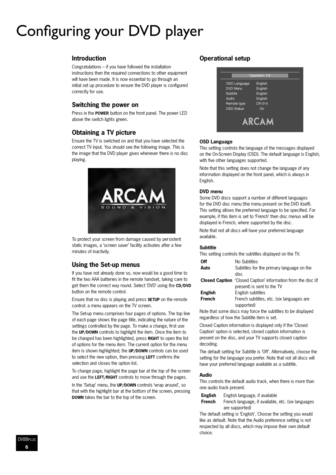 Arcam DV88 manual Configuring your DVD player 