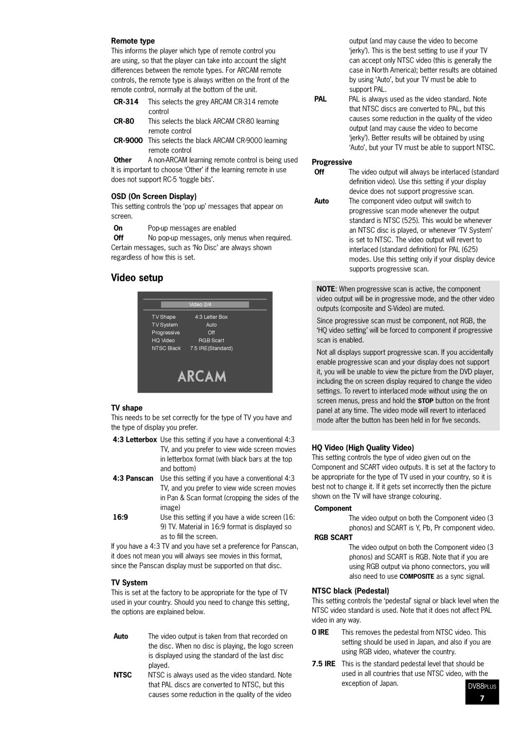 Arcam DV88 manual Video setup, RGB Scart, Ire 