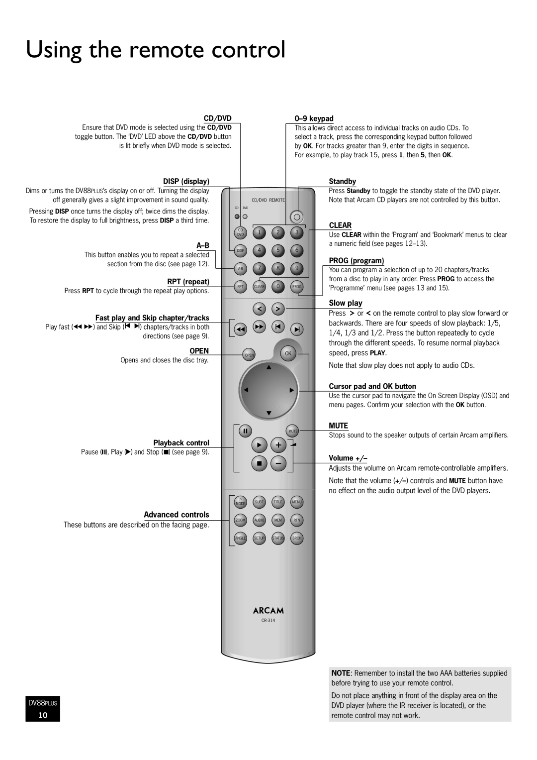 Arcam DV88Plus manual Using the remote control, Cd/Dvd, Clear, Open, Mute 