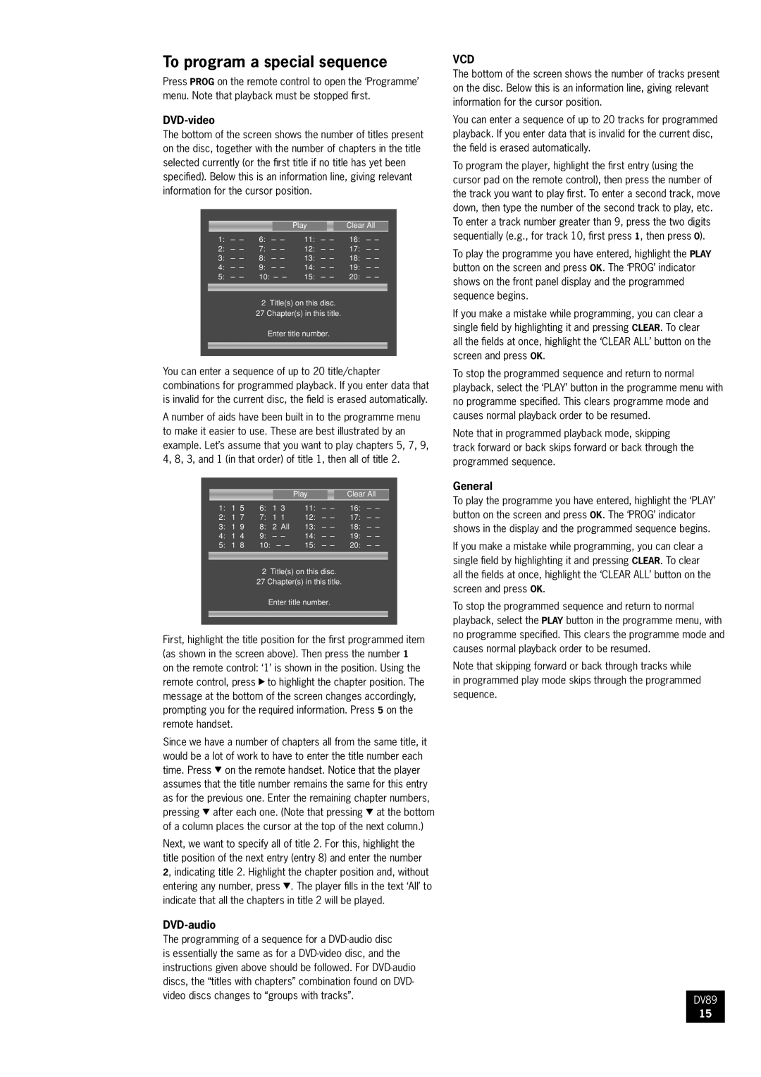 Arcam DV89 DVD player manual To program a special sequence, DVD-video, Vcd, General, DVD-audio 