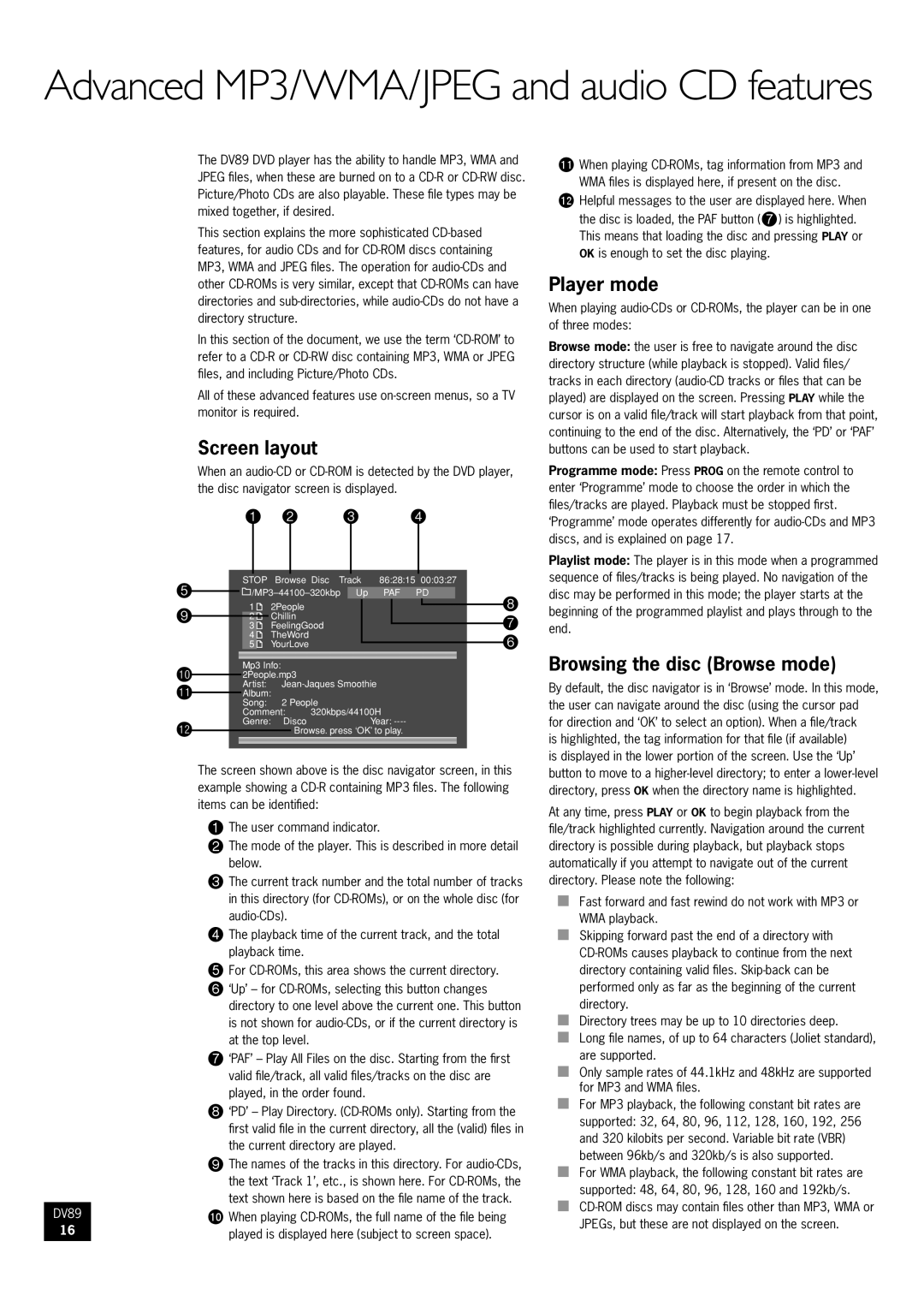 Arcam DV89 DVD player manual Screen layout, Player mode, Browsing the disc Browse mode 