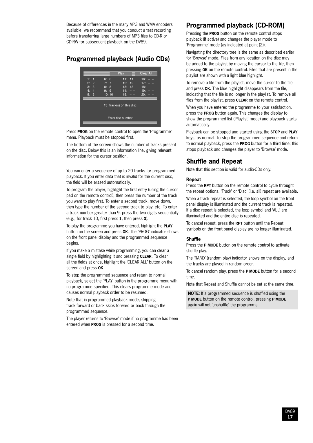 Arcam DV89 DVD player manual Programmed playback Audio CDs, Programmed playback CD-ROM, Shuffle and Repeat 