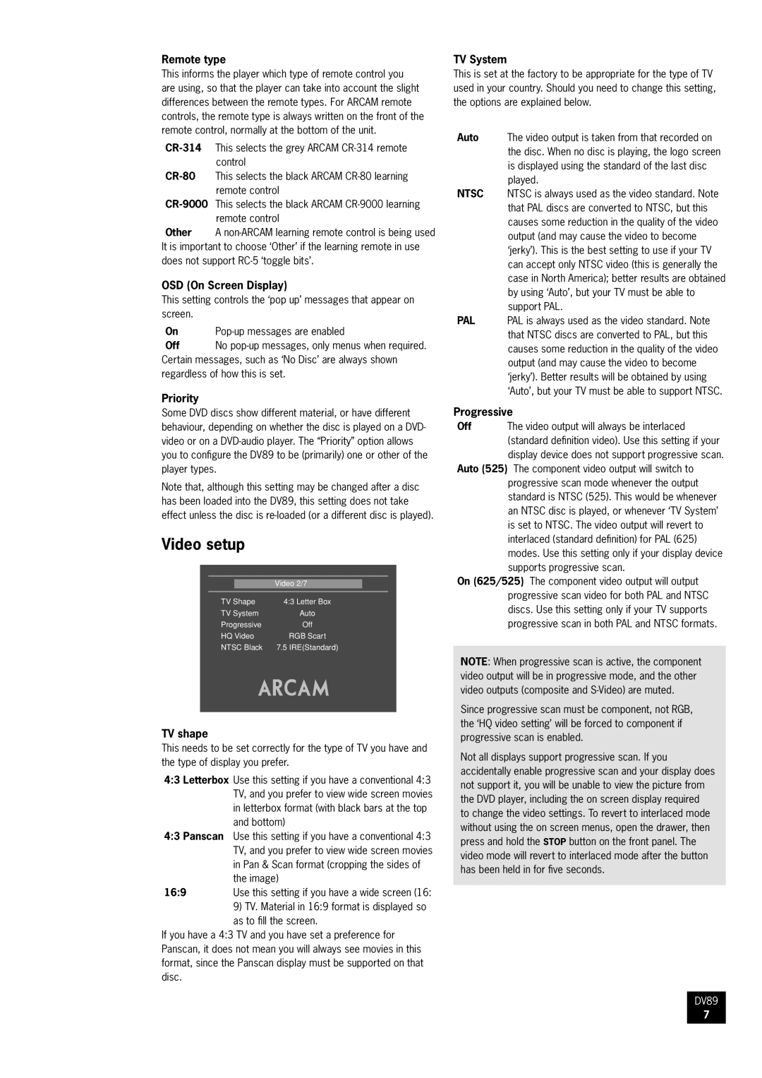 Arcam DV89 DVD player manual Video setup 