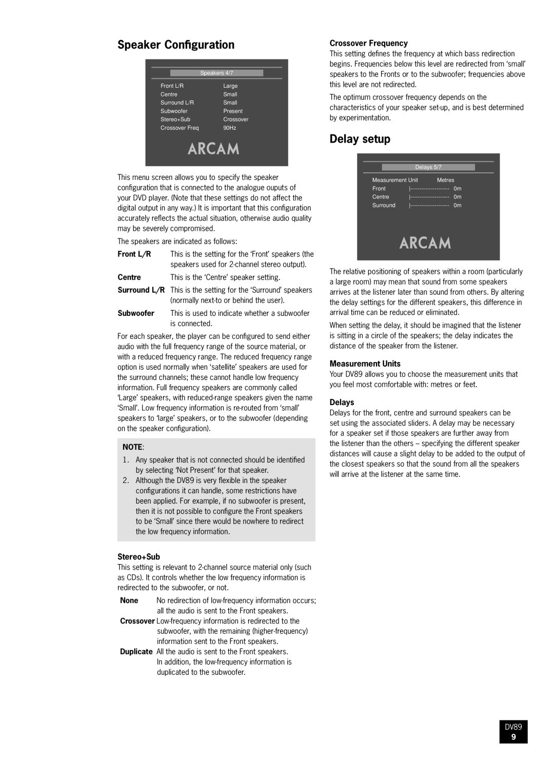 Arcam DV89 DVD player manual Speaker Configuration, Delay setup 