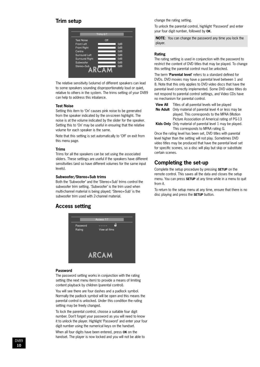 Arcam DV89 manual Trim setup, Access setting, Completing the set-up 