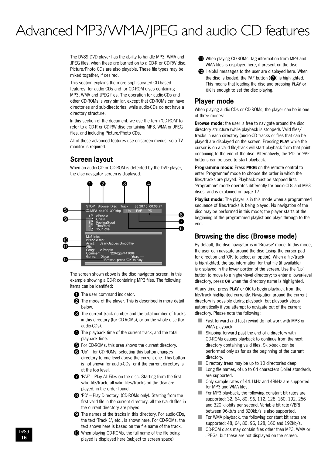 Arcam DV89 Screen layout, Player mode, Browsing the disc Browse mode, Bl When playing CD-ROMs, tag information from MP3 