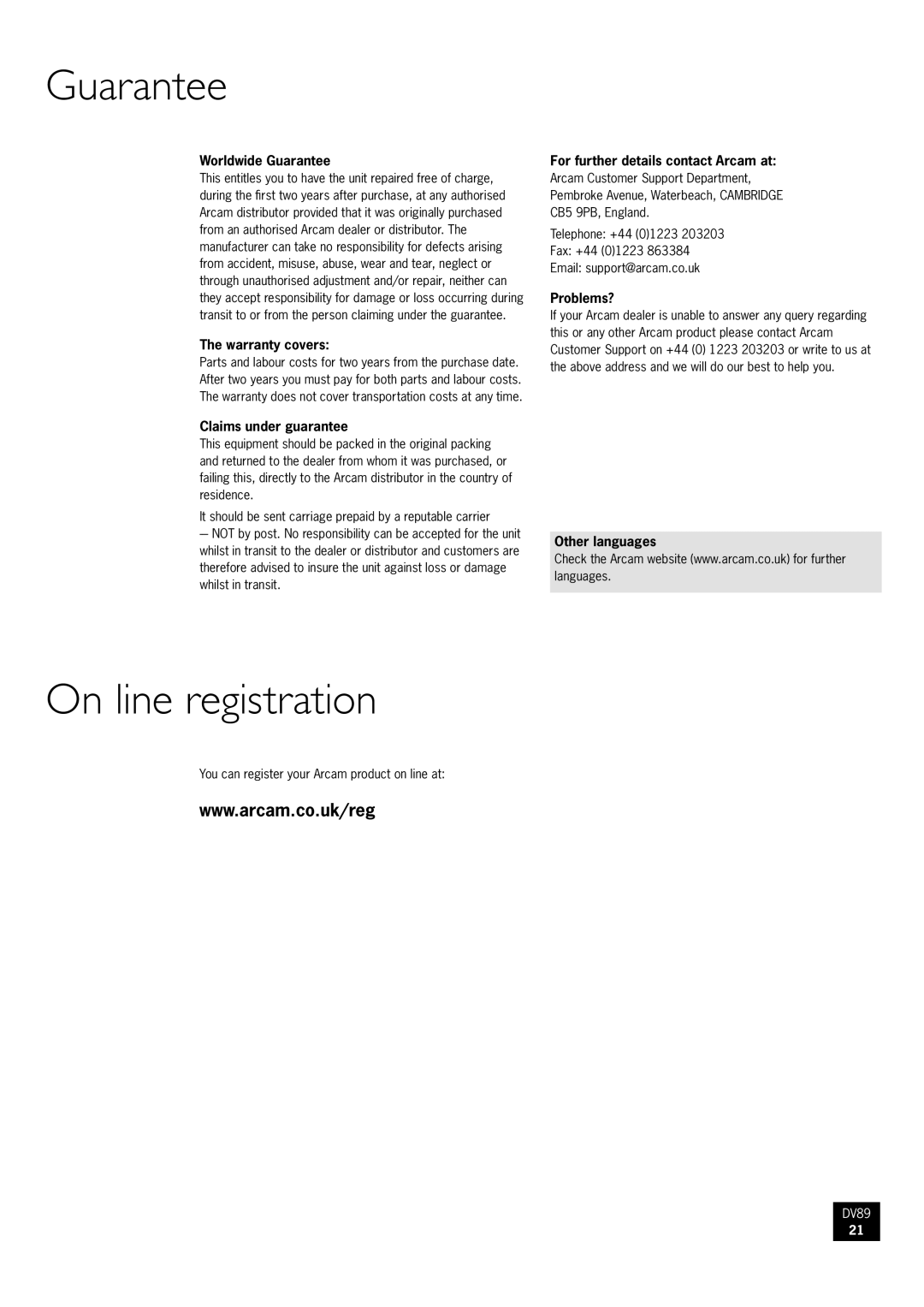 Arcam DV89 manual Guarantee, On line registration 