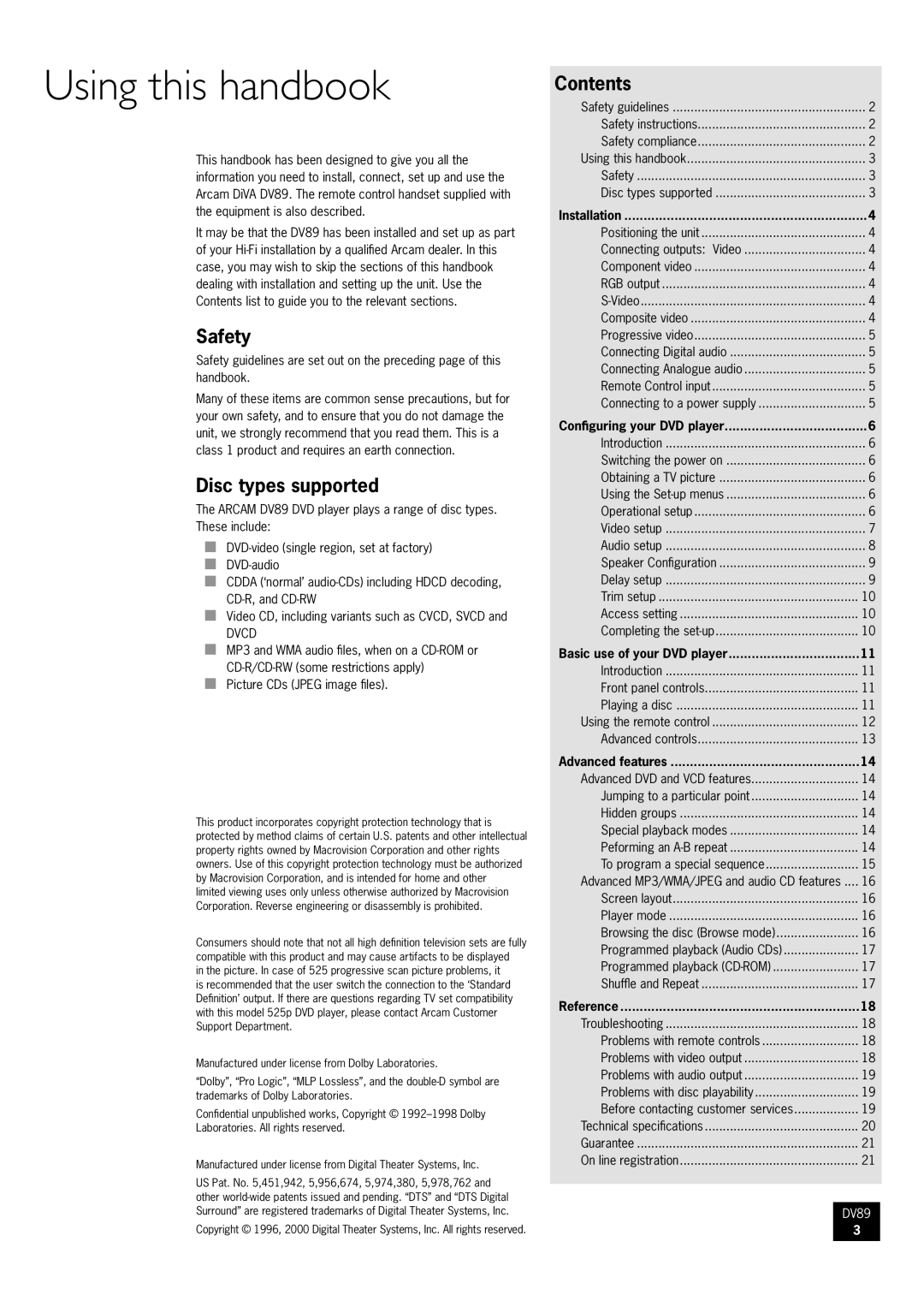 Arcam DV89 manual Using this handbook, Safety, Disc types supported, Contents 