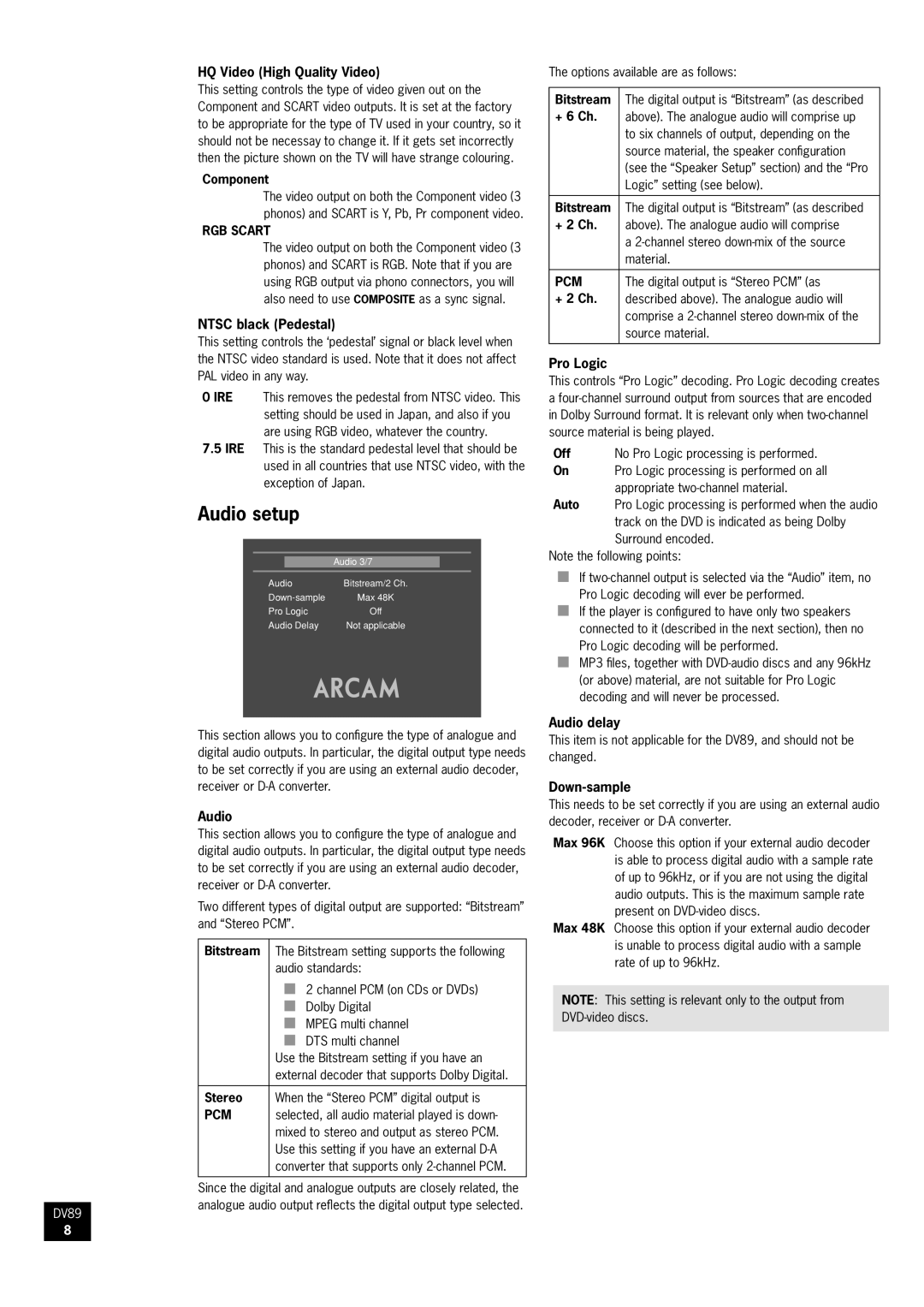 Arcam DV89 manual Audio setup, RGB Scart, Pcm 