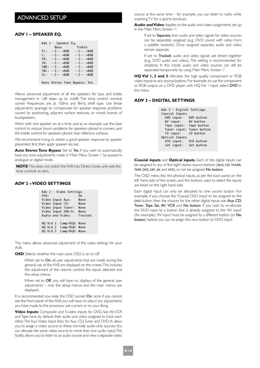 Arcam E-2 manual Advanced Setup, ADV 1 Speaker EQ, ADV 2 Video Settings, ADV 3 Digital Settings 