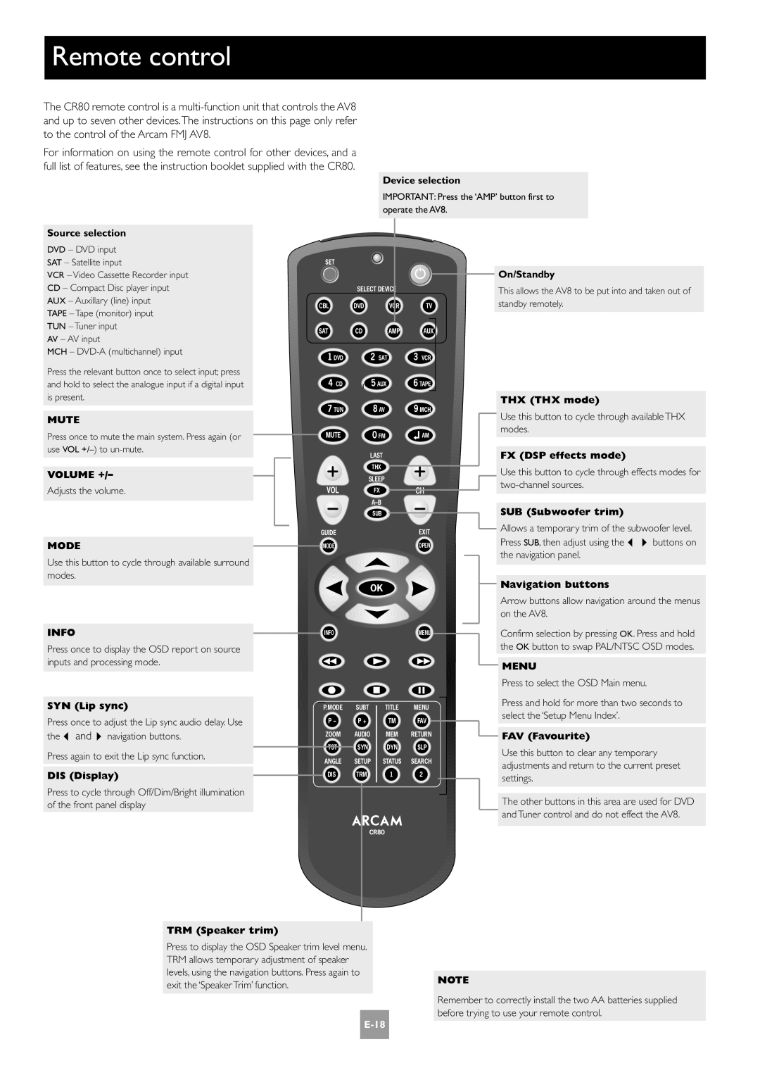 Arcam E-2 manual Remote control, Source selection 