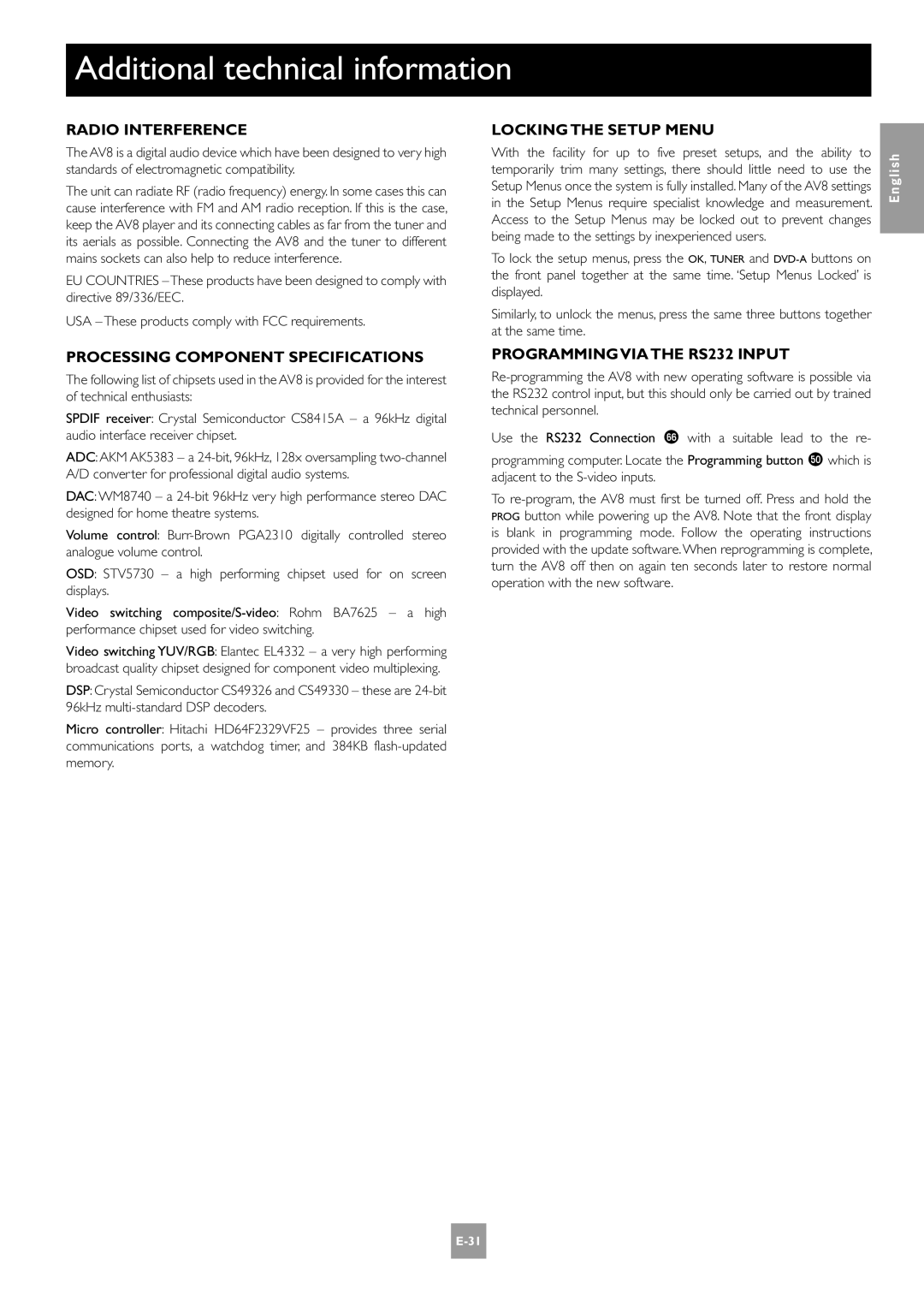 Arcam E-2 manual Additional technical information, Radio Interference, Processing Component Specifications 