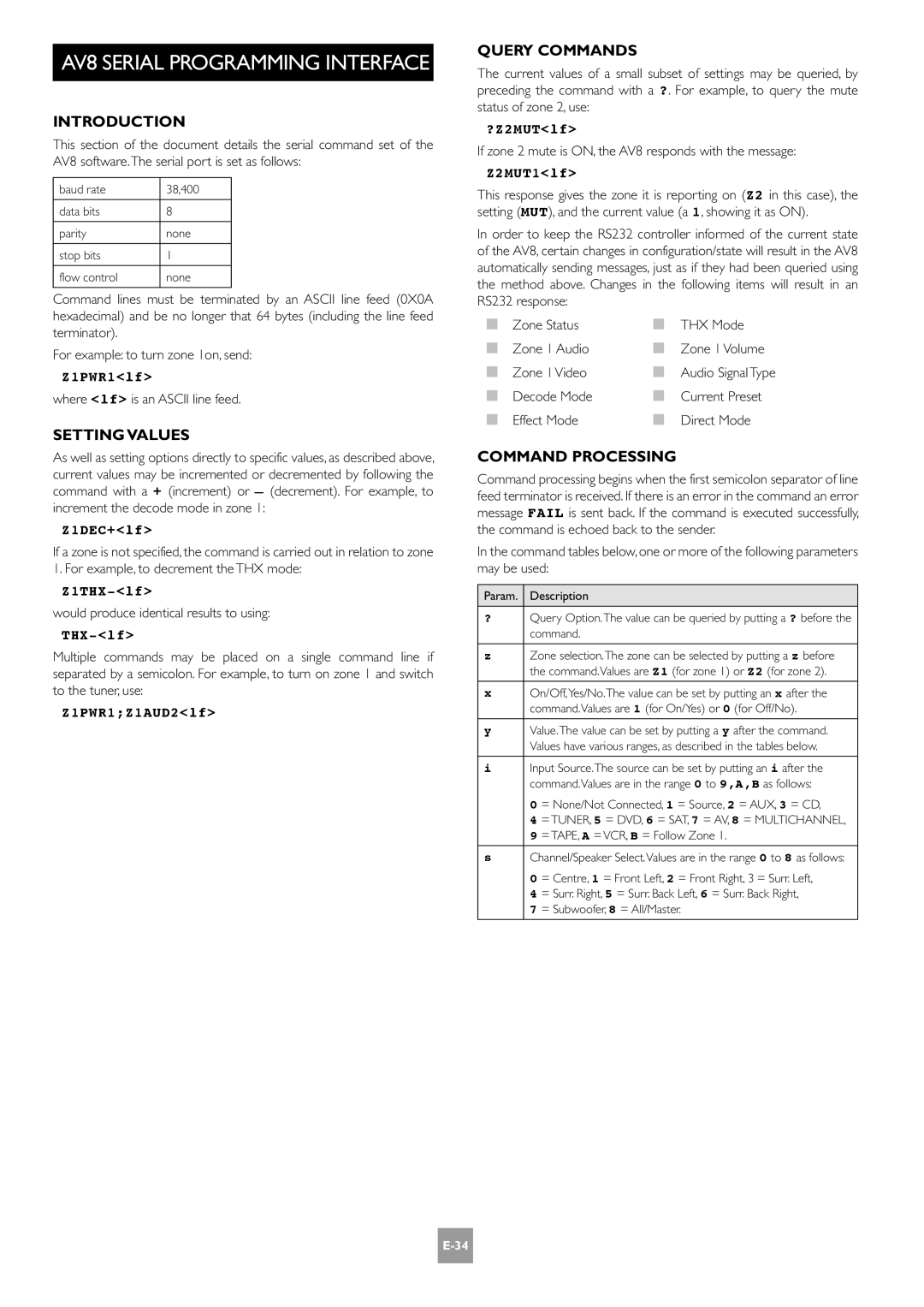 Arcam E-2 manual Setting Values, Query Commands, Command Processing 