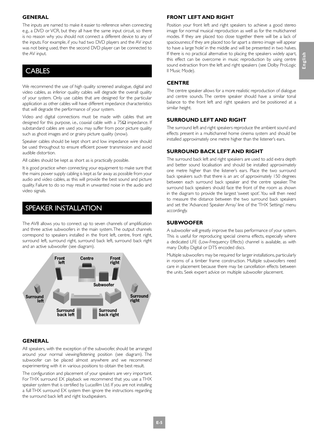 Arcam E-2 manual Cables, Speaker Installation 