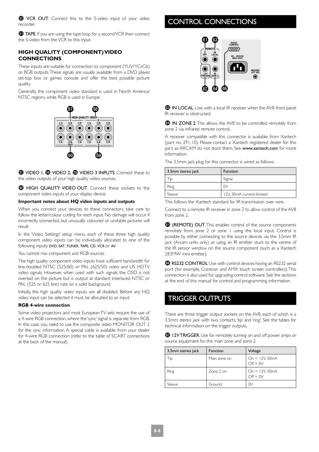 Arcam E-2 manual Control Connections, Trigger Outputs, High Quality Component Video Connections, RGB 4-wire connection 