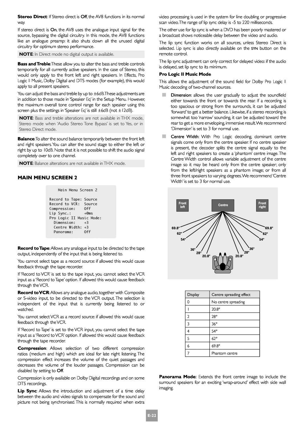 Arcam manual Main Menu Screen, Pro Logic II Music Mode, E-22 E-22 