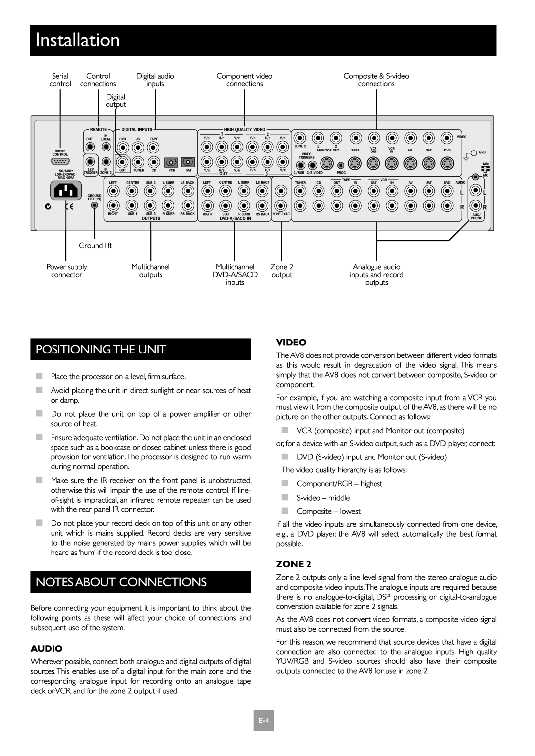 Arcam E-2 manual Installation, Positioning The Unit, Notes About Connections, Video, Audio, Zone 