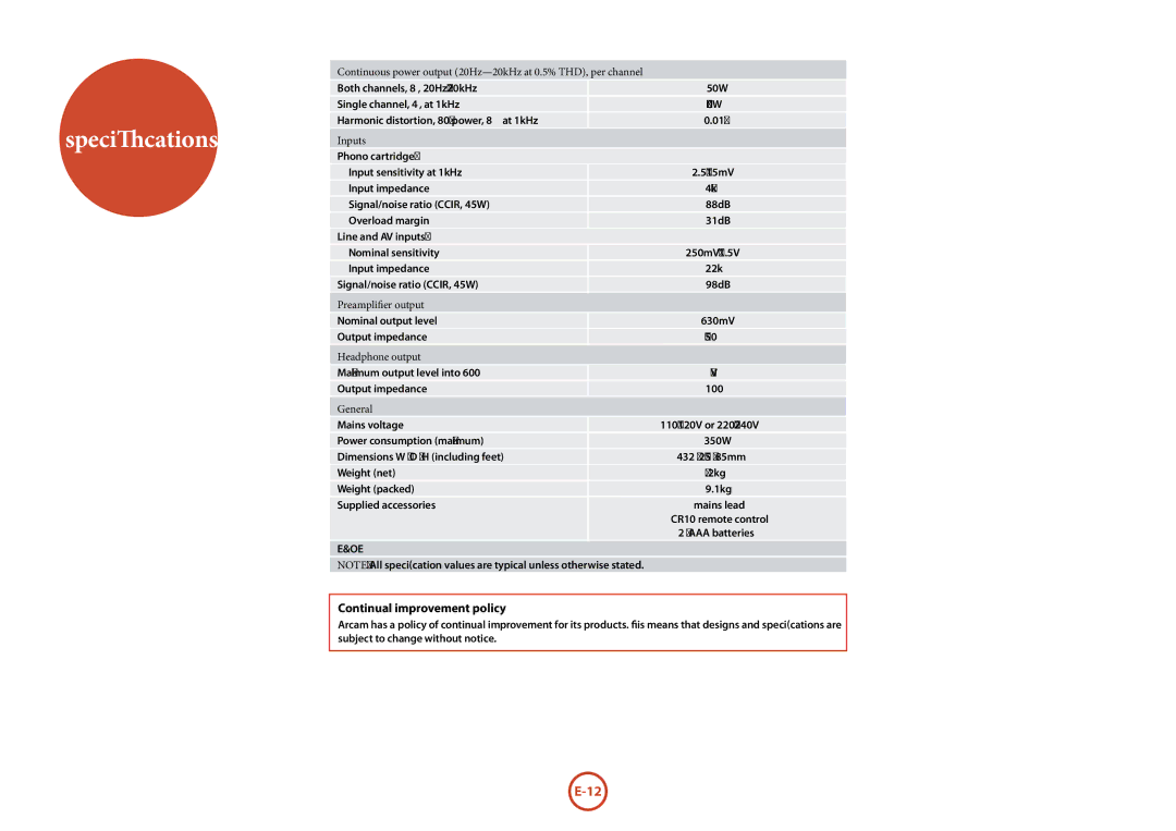 Arcam FMJ A18 manual Specifications, Continual improvement policy 