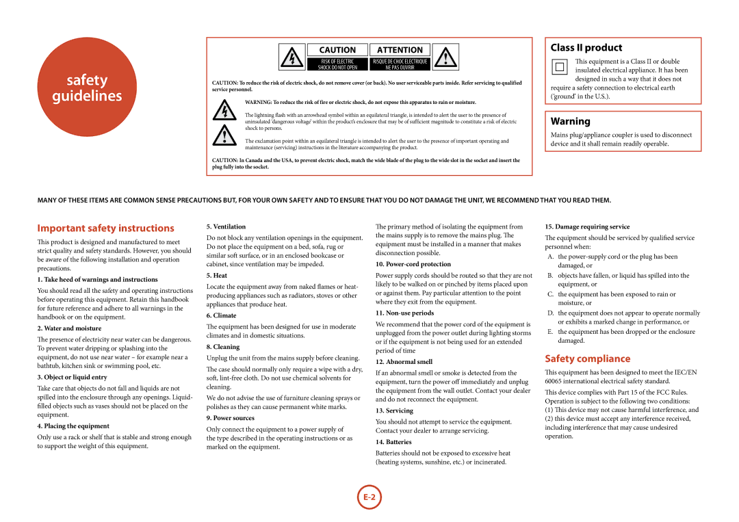 Arcam FMJ A18 manual Safety Guidelines, Class II product, Important safety instructions, Safety compliance 