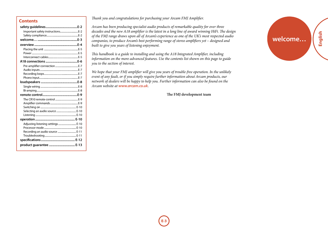 Arcam FMJ A18 manual Contents, English 