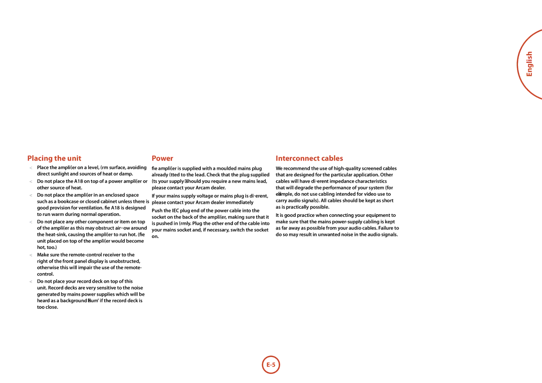 Arcam FMJ A18 manual Placing the unit, Power, English Interconnect cables 