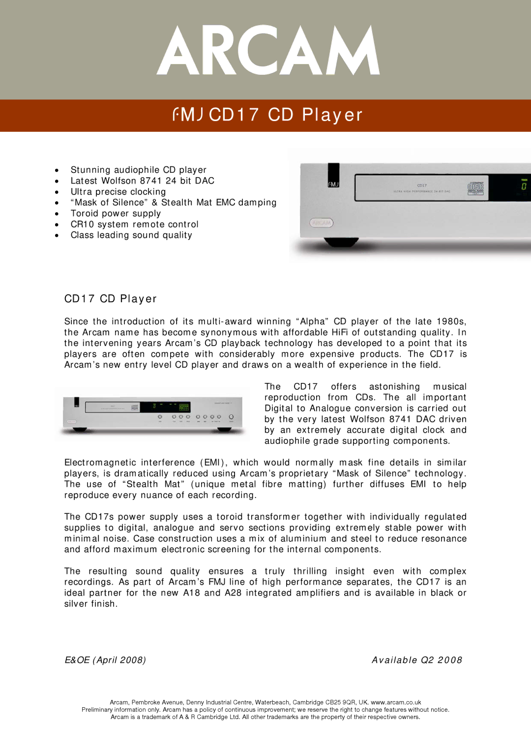 Arcam FMJ CD17 manual 23425, CD17 CD Player, New product information DV139 DVD player, Available Q2 