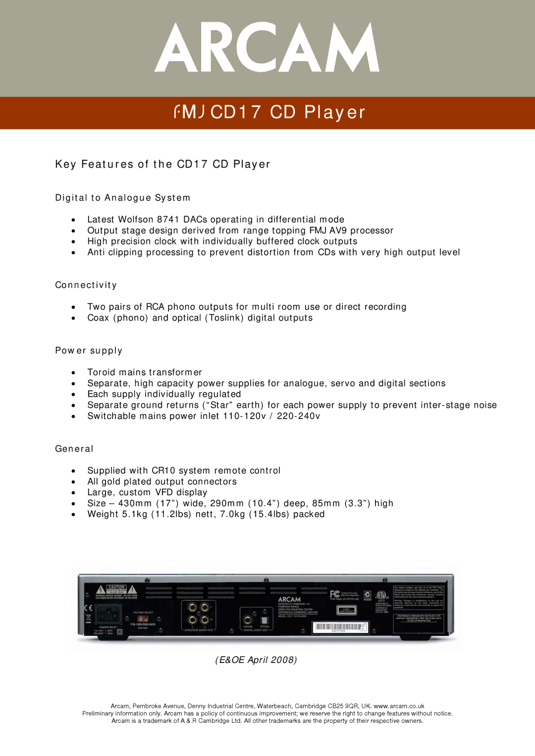 Arcam FMJ CD17 manual Key Features of the CD17 CD Player, Digital to Analogue System, Connectivity, Power supply, General 