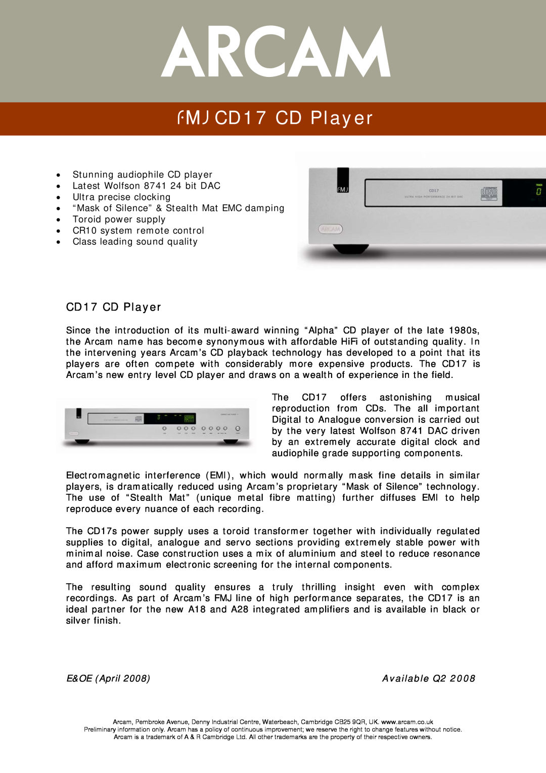 Arcam FMJ CD17 manual 23425, fCD17 CD Player, New product information DV139 DVD player, E&OE April, Available Q2 