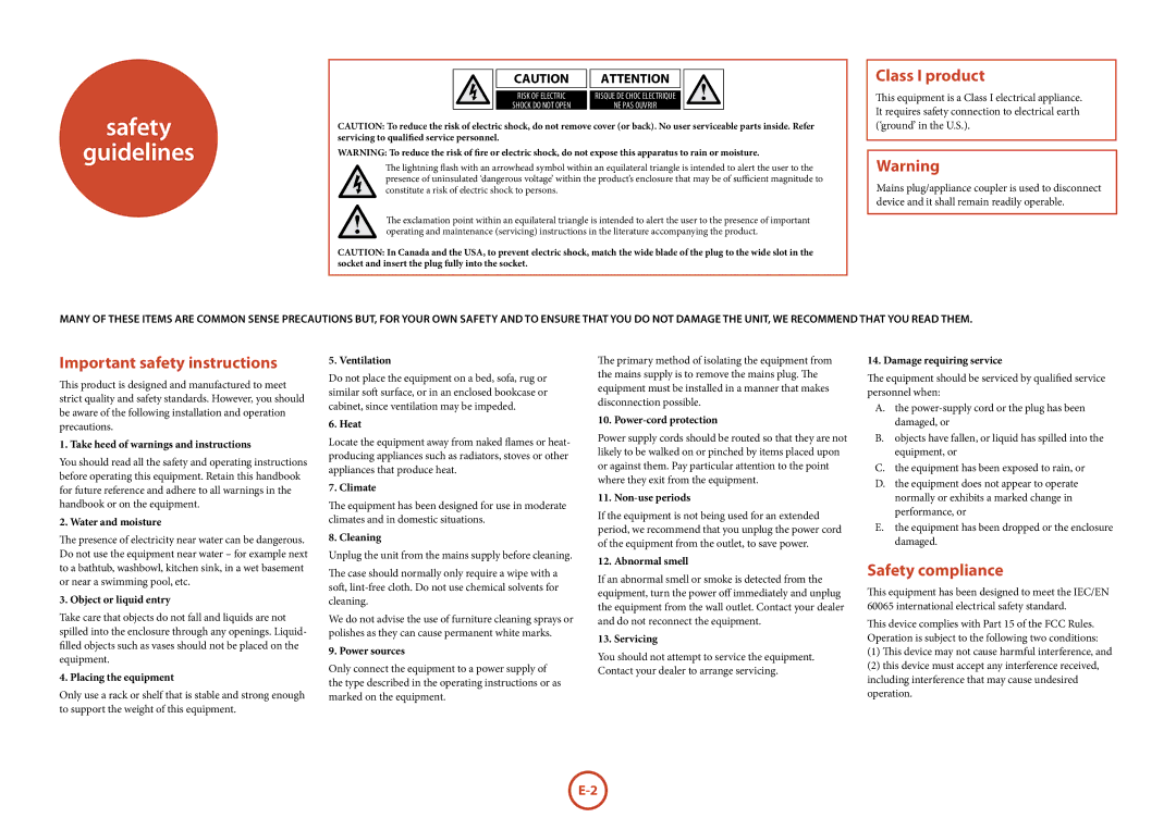 Arcam FMJ CD37 manual Safety Guidelines, Class I product, Important safety instructions, Safety compliance 