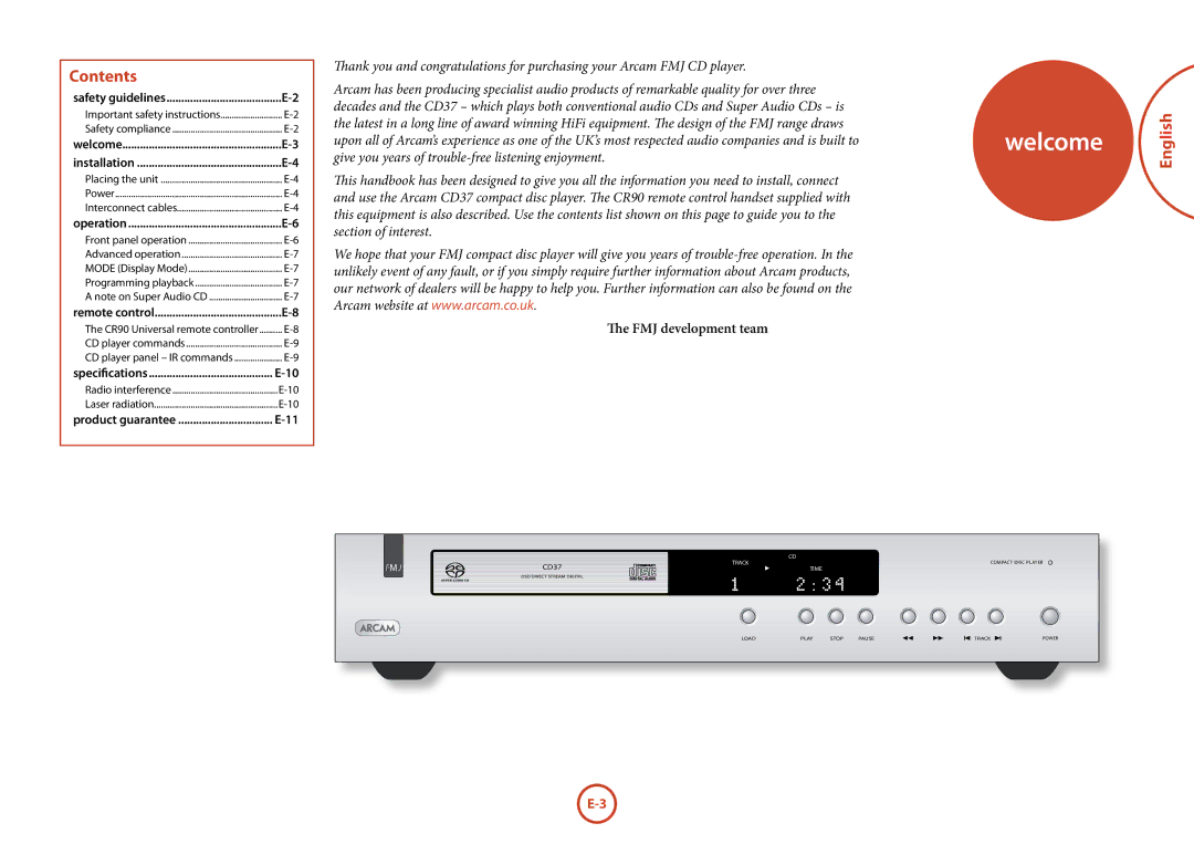 Arcam FMJ CD37 manual Welcome, Contents, English 