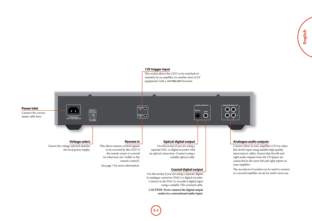 Arcam FMJ CD37 manual 12V trigger input, Voltage select Remote Optical digital output, Analogue audio outputs 