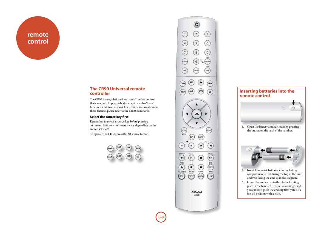 Arcam FMJ CD37 CR90 Universal remote controller, Inserting batteries into the remote control, Select the source key first 