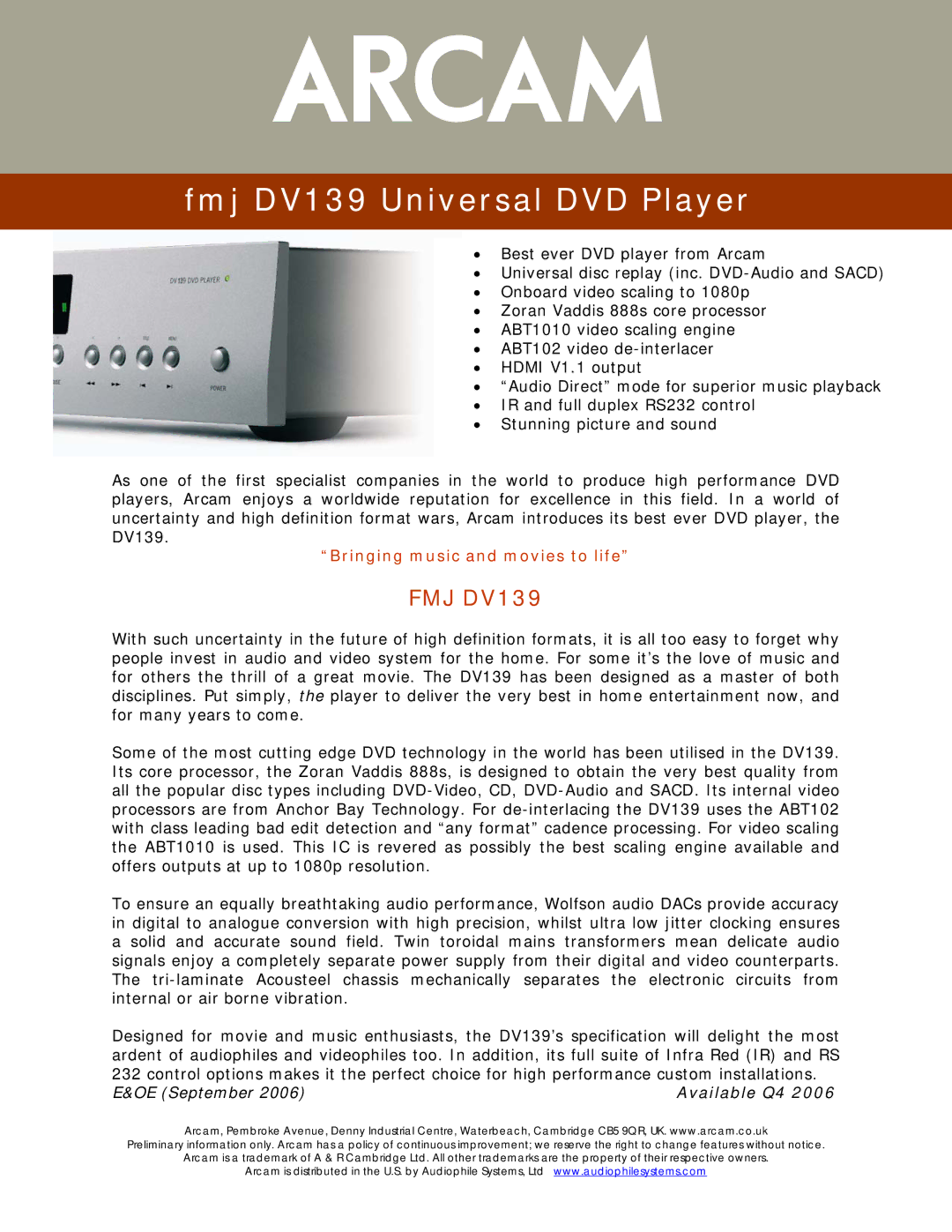 Arcam fmj DV139 manual 23425, Fmj DV139 Universal DVD Player, FMJ DV139, Available Q4 