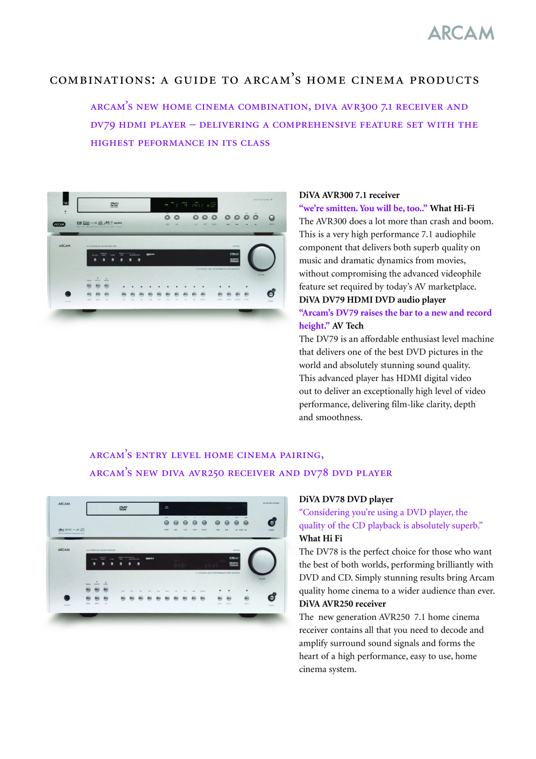 Arcam P7 DiVA AVR300 7.1 receiver, DiVA DV79 HDMI DVD audio player, DiVA DV78 DVD player, What Hi Fi, DiVA AVR250 receiver 