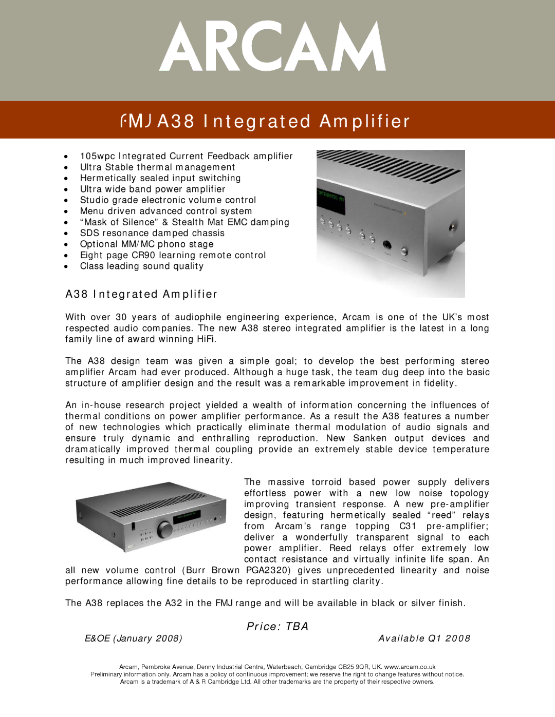 Arcam FMJA38 manual 23425, A38 Integrated Amplifier, Price TBA, Available Q1 