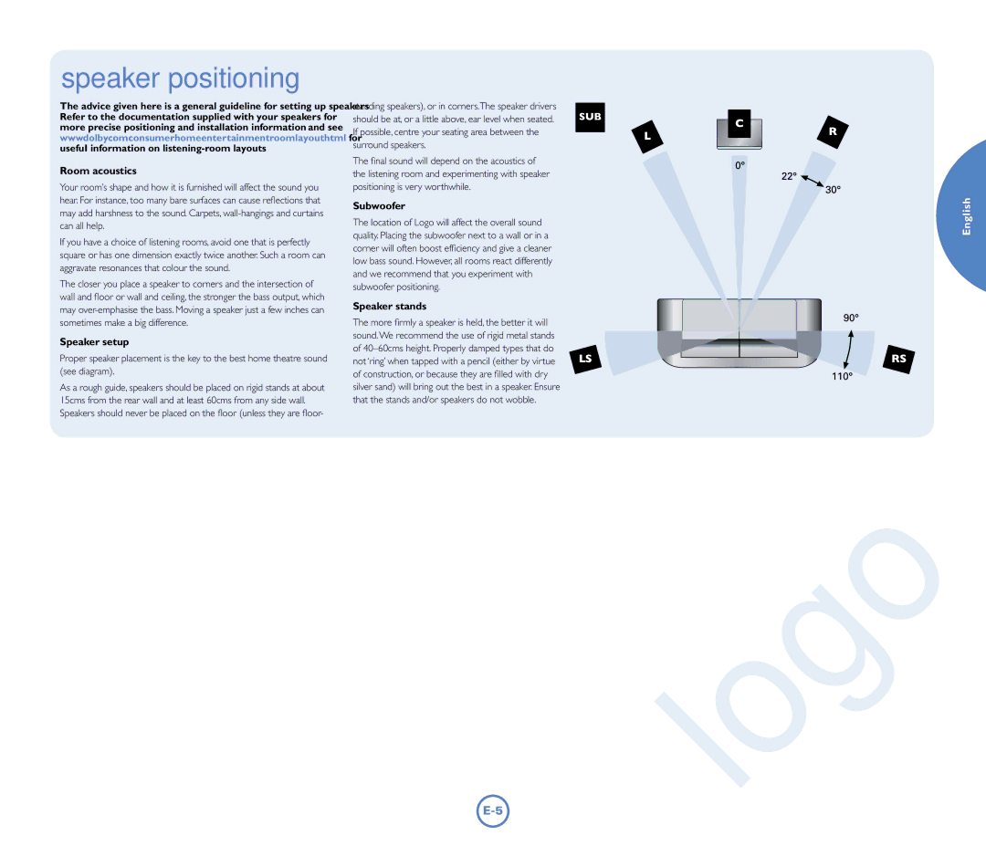 Arcam Logo manual Room acoustics, Speaker setup, Subwoofer, Speaker stands 