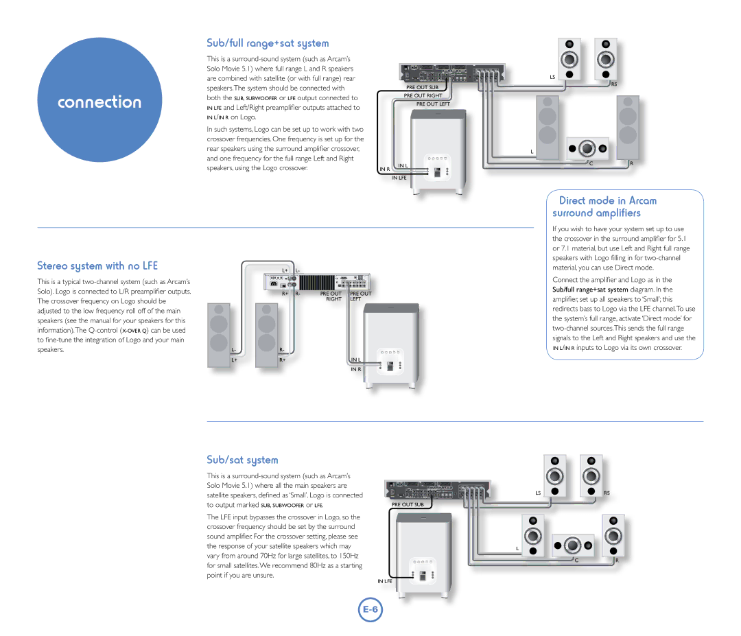 Arcam Logo manual Connection, Sub/full range+sat system, Stereo system with no LFE, Sub/sat system 