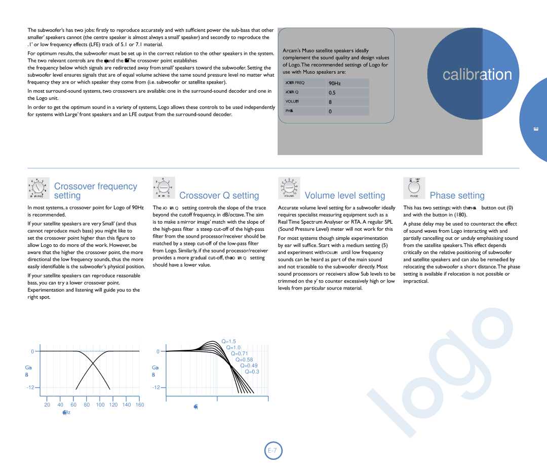 Arcam Logo manual Calibration, Setting, Recommended settings for use with Muso speakers 