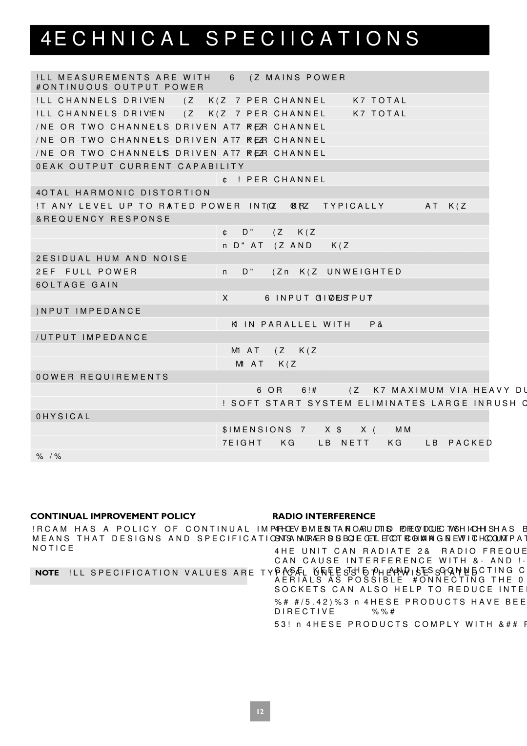 Arcam Multichannel Power Amplifier manual Technical specifications, Continual Improvement Policy, Radio Interference 