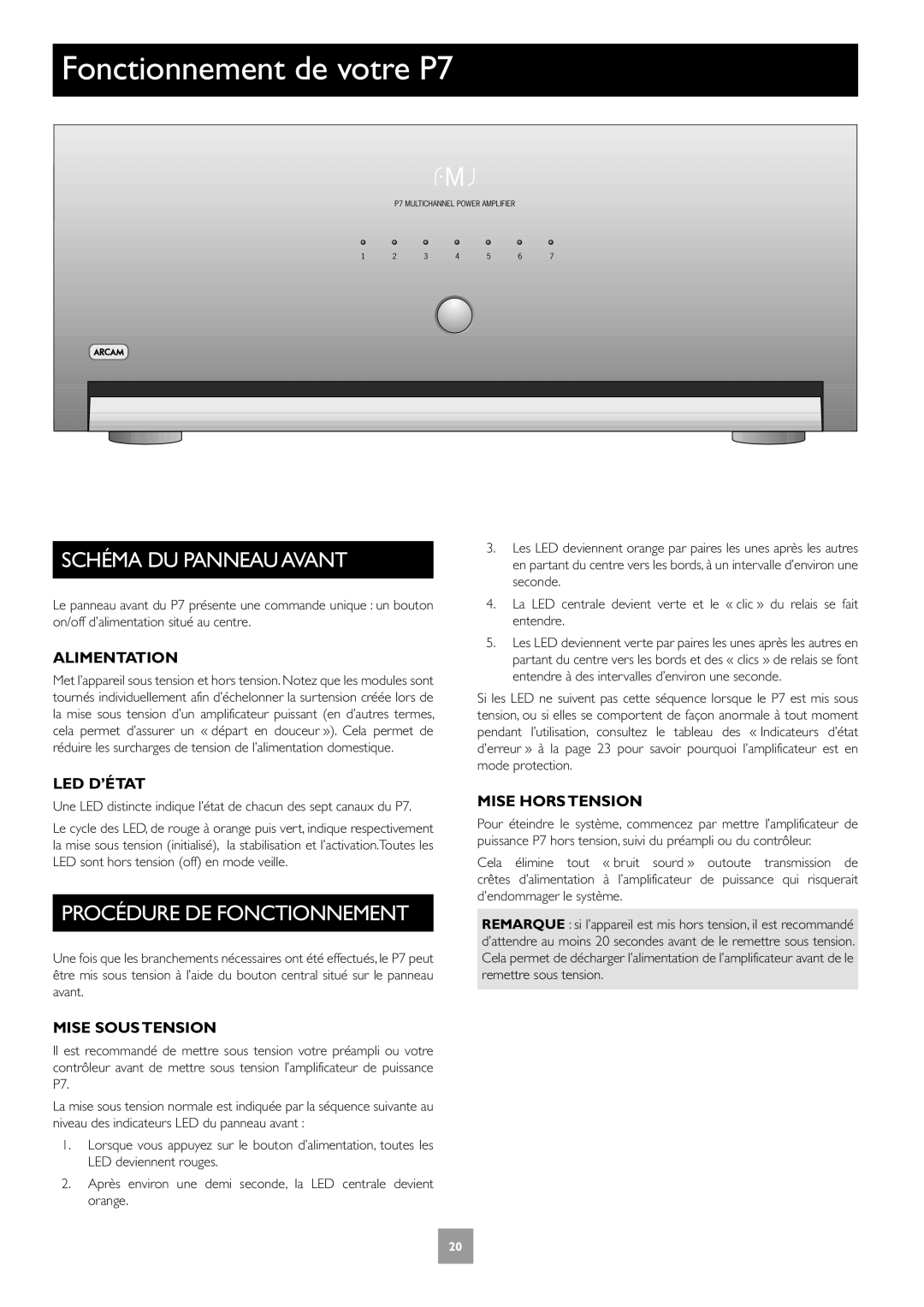 Arcam Multichannel Power Amplifier manual Fonctionnement de votre P7, Schéma DU Panneau Avant, Procédure DE Fonctionnement 