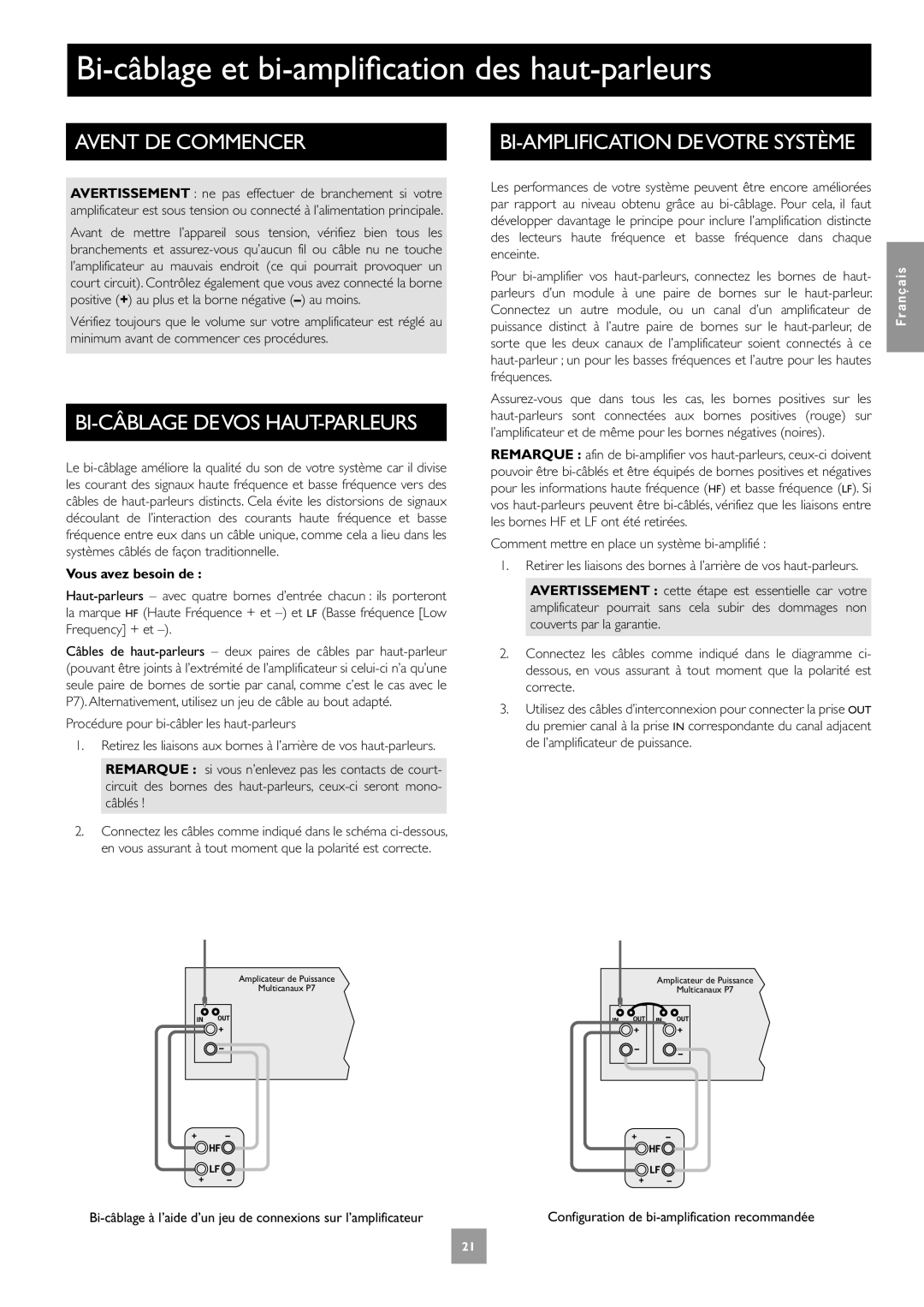 Arcam Multichannel Power Amplifier manual Bi-câblage et bi-amplification des haut-parleurs, Avent DE Commencer 