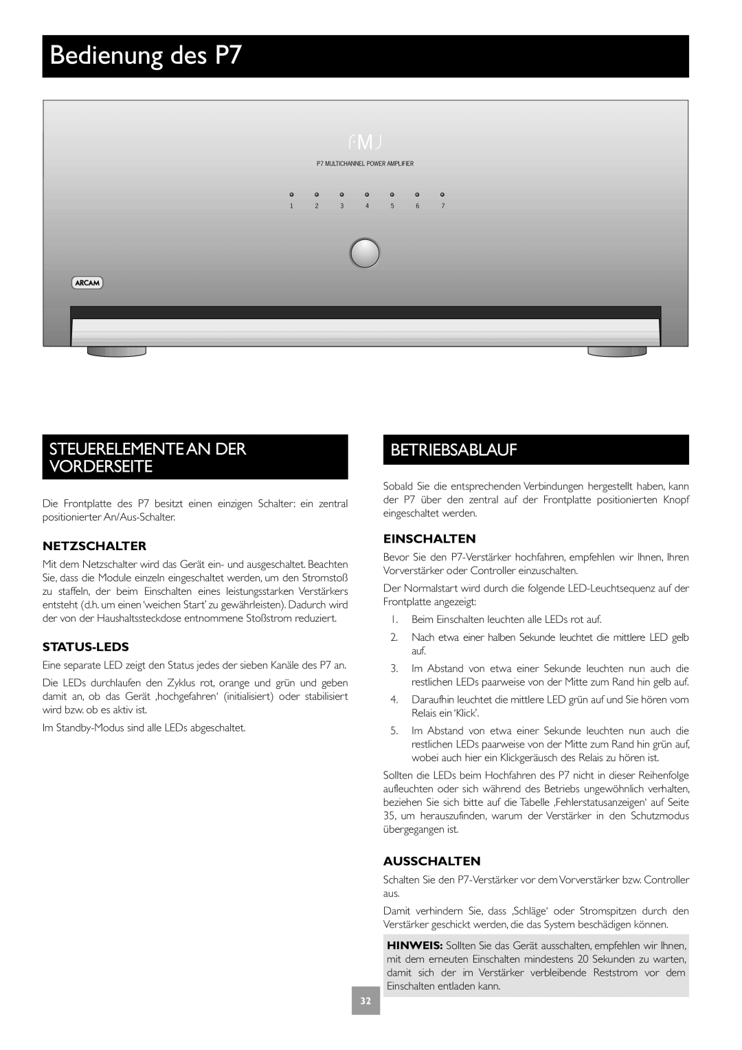 Arcam Multichannel Power Amplifier manual Bedienung des P7, Steuerelemente AN DER Vorderseite, Betriebsablauf 