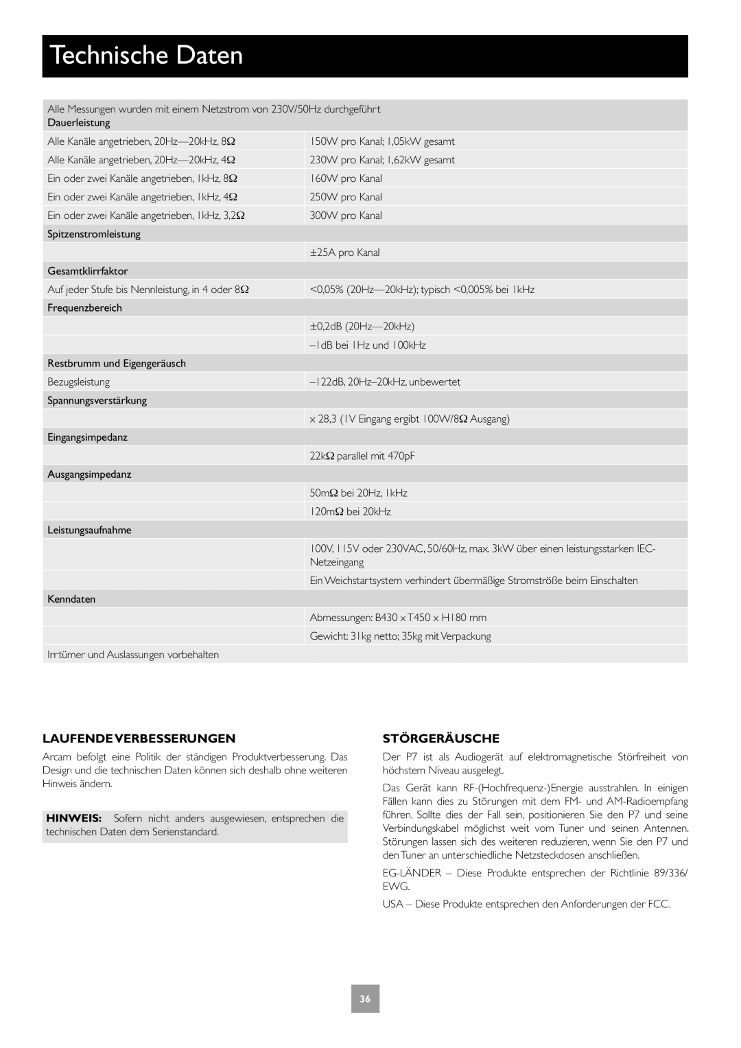 Arcam Multichannel Power Amplifier manual Technische Daten, Laufende Verbesserungen, Störgeräusche, Netzeingang 