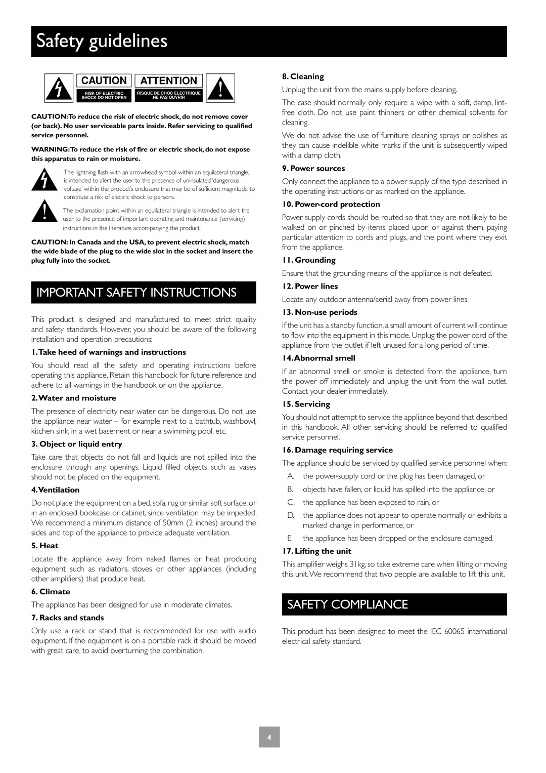 Arcam Multichannel Power Amplifier manual Safety guidelines, Important Safety Instructions, Safety Compliance 