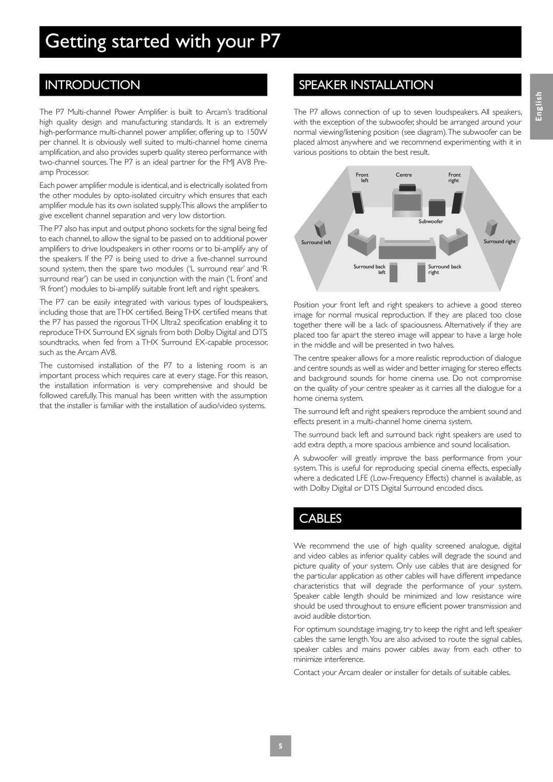 Arcam Multichannel Power Amplifier manual Getting started with your P7, Introduction, Speaker Installation, Cables 