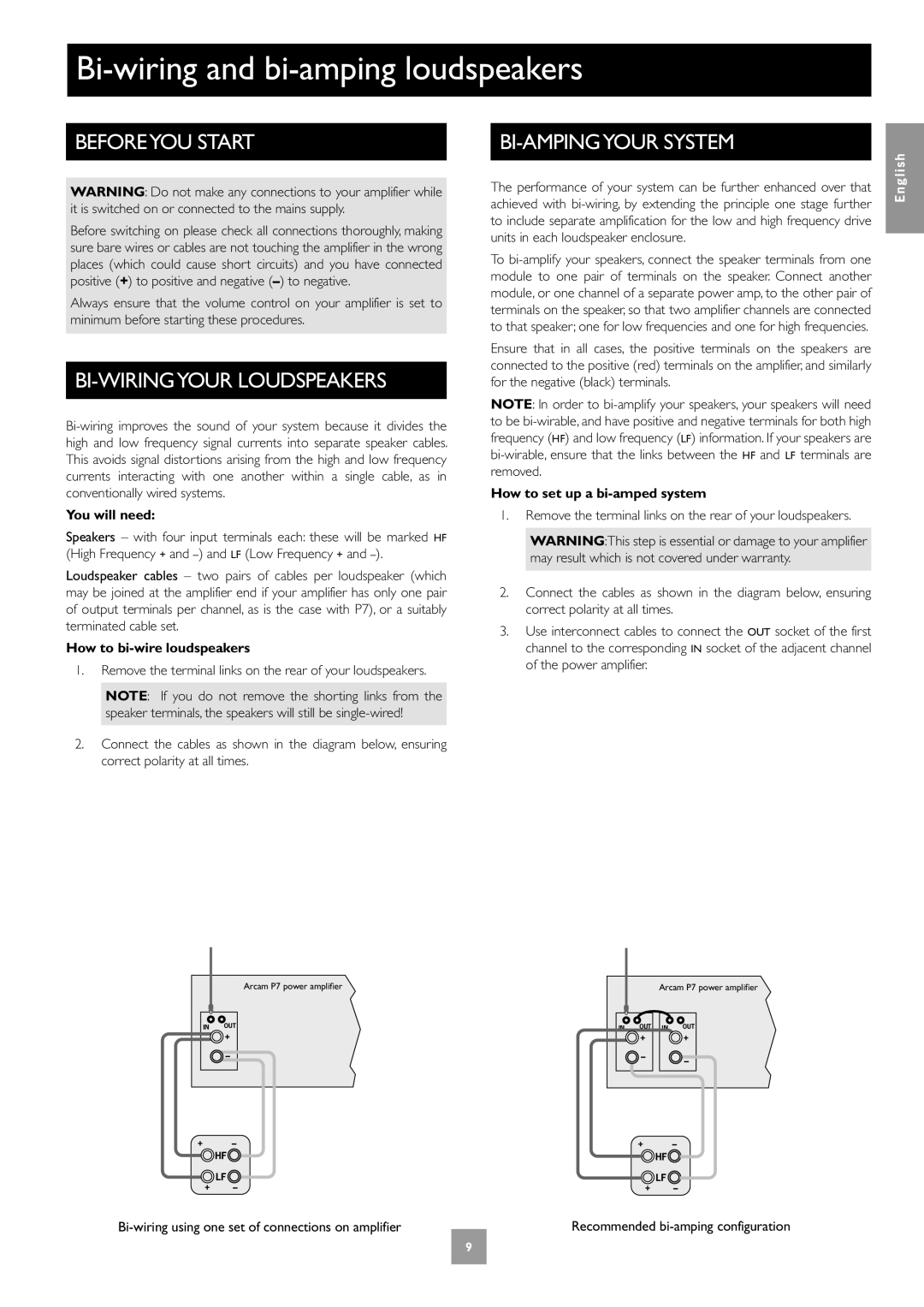 Arcam Multichannel Power Amplifier manual Bi-wiring and bi-amping loudspeakers, Beforeyou Start, BI-WIRINGYOUR Loudspeakers 