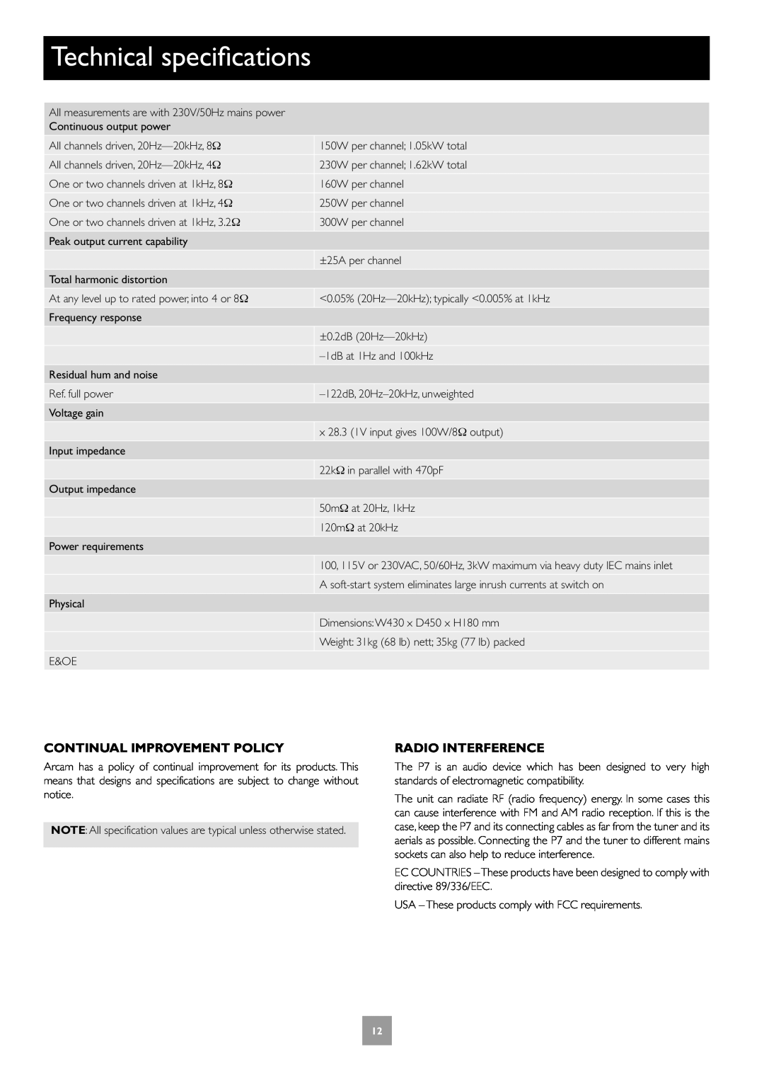 Arcam Multichannel Power Amplifier manual Technical specifications, Continual Improvement Policy, Radio Interference 