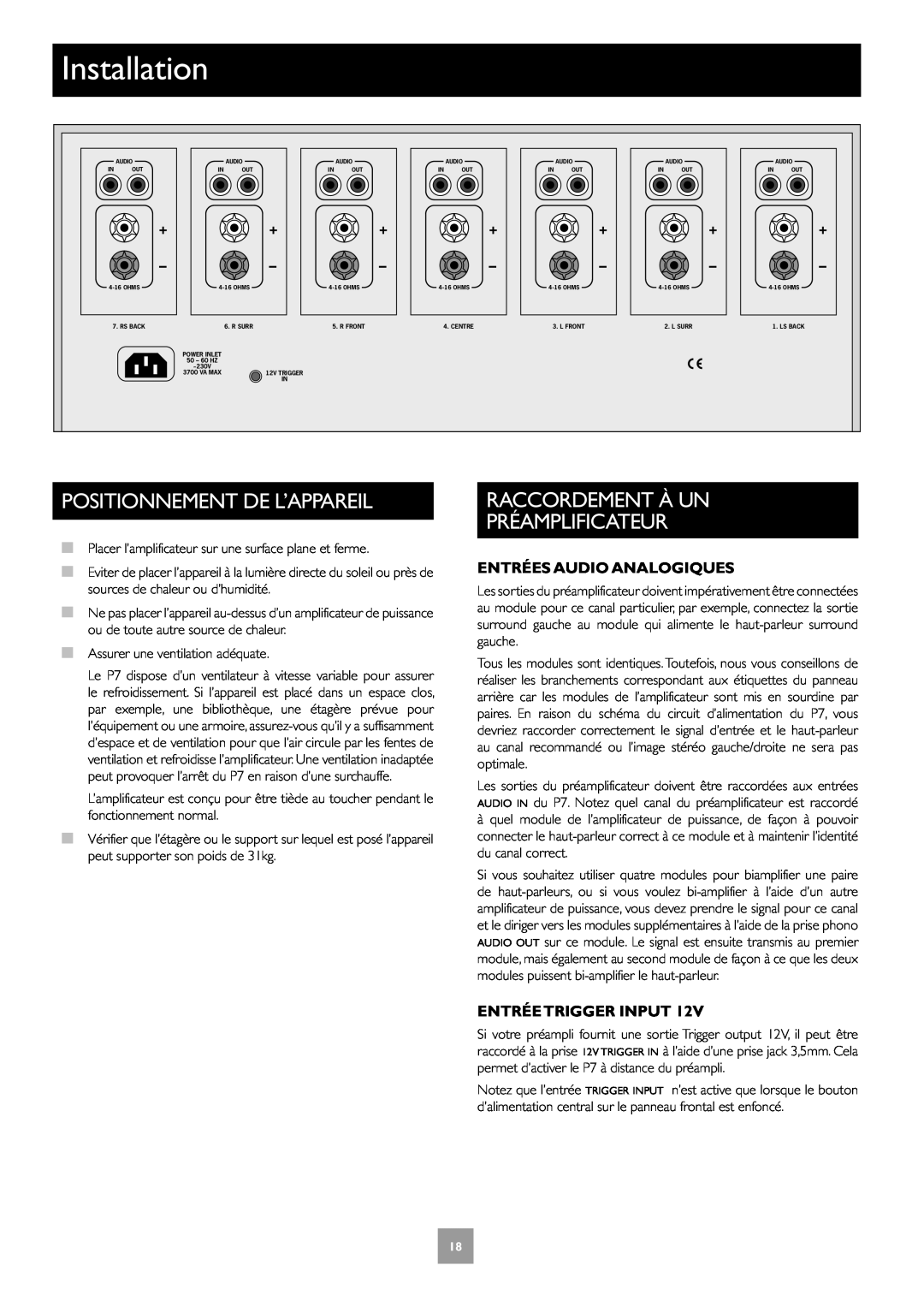 Arcam Multichannel Power Amplifier Positionnement De L’Appareil, Raccordement À Un Préamplificateur, Entrée Trigger Input 